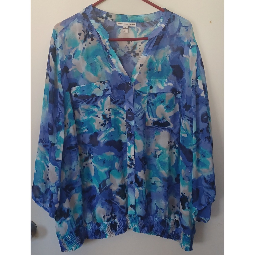 JM Collection‎ Woman 3X Blue Abstract Floral Smocked Hem Blouse Boho Spring READ